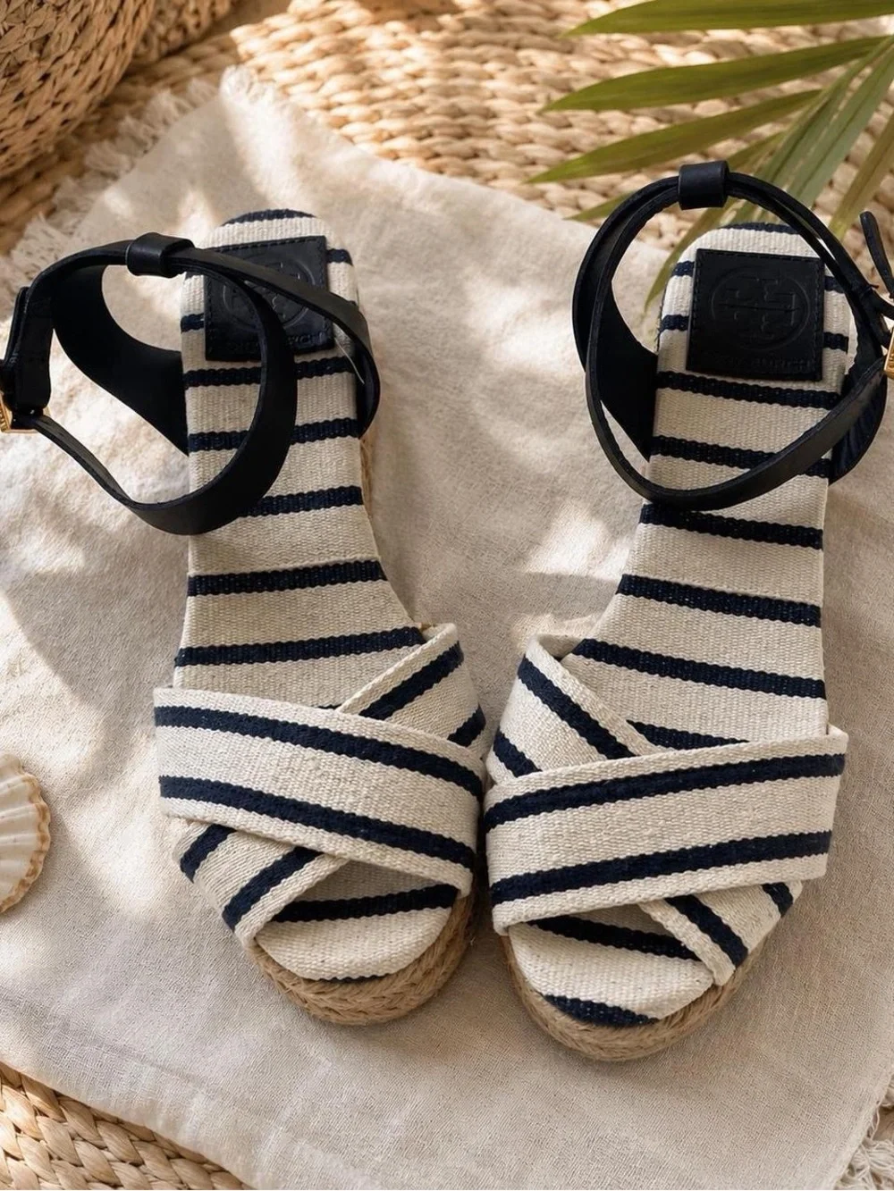 Tory Burch Striped Espadrille Wedge Sandals Navy Cream Size 7